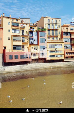 Altstadt und Fluss Onyar. Girona, Katalonien, Spanien. Stockfoto