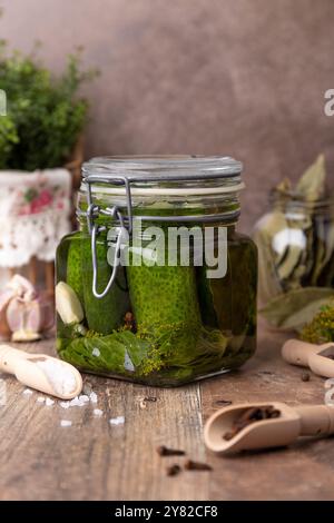 Halbsaure Dill-Gurken (schnell eingelegte Gurken) in einem Glas mit Gewürzen, Gewürzen und Kräutern. Hausgemachte saisonale Zubereitungen. Traditionelle Konservierung von Gemüse Stockfoto