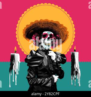 Totenkopf mit Sombrero und Blumen, in schwarzer Lederjacke, vor leuchtendem rosa und türkisfarbenem Hintergrund. Zeitgenössische Kunstcollage. Durchm Stockfoto