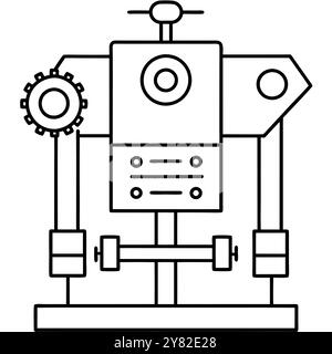 Eine einfache Strichzeichnung eines Roboters mit Zahnrädern. Ein zentrales Bedienfeld. Und Räder. Es ist ein verspieltes Design, das perfekt für die Darstellung von Automatisierung ist Stock Vektor