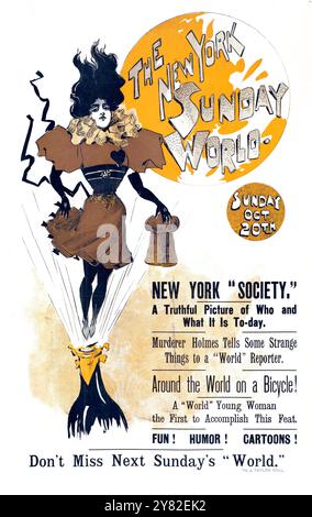 Werbeplakat für New York Sunday World Poster - Frau fliegt aus geöffneter Flasche - 20. Oktober 1895 Stockfoto