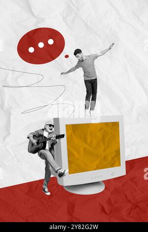 Vertikale kreative Composite-Foto-Collage von jungen Jungs, die online mit einem älteren Musiker plaudern, der Gitarre spielt, isoliert auf gemaltem Hintergrund Stockfoto