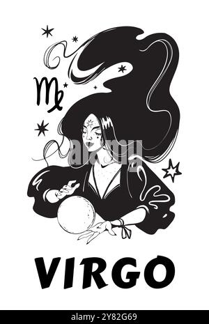 Virgo Tierkreiszeichen, mystische Frau mit magischer Kugel in den Händen und fließendem Haar, Hand gezeichnete Horoskop Vektor-Illustration. Esoterischer Druck Stock Vektor
