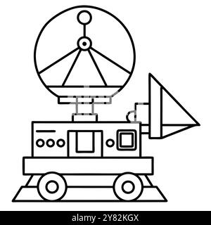 Ein einfaches. Schwarz-weiße Linienzeichnung einer Satellitenschüssel, die an einem rover mit Rädern montiert ist. Ideal für die Illustration der Weltraumforschung. Technologie. Oder Co Stock Vektor