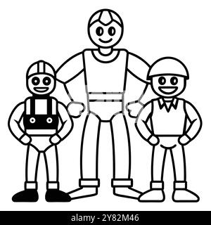 Drei freundliche Roboter stehen zusammen. Lächelnd und bereit zu helfen. So einfach. Das auffällige Line Art Design eignet sich perfekt zur Illustration von Teamwork-Konzepten. Stock Vektor