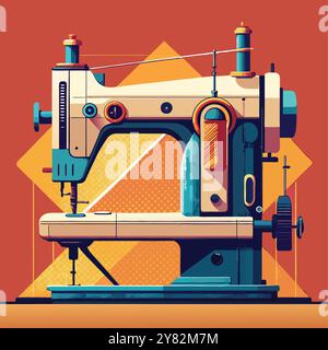 Eine stilisierte Illustration einer Vintage-Nähmaschine. Mit einem auffälligen. Farbenfrohes Design mit geometrischen Mustern. Dieses lebendige Bild ist perfekt für Projekte Stock Vektor