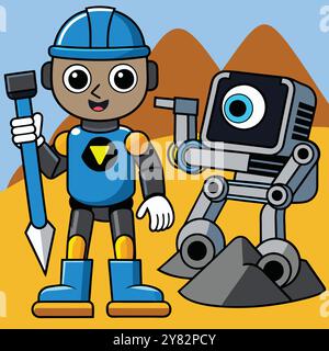 Ein freundlicher Roboter in einem Bauhelm steht neben einem mechanischen Roboter mit einem Auge. Beide Charaktere sind Cartoon-Stil und perfekt für Kinder b Stock Vektor