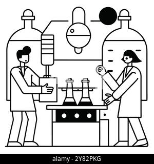 Eine einfache Strichdarstellung zweier Wissenschaftler, die in einem Labor arbeiten. Schwerpunkt auf Forschung und Entwicklung. Ideal zur Illustration von Wissenschaftlern Stock Vektor