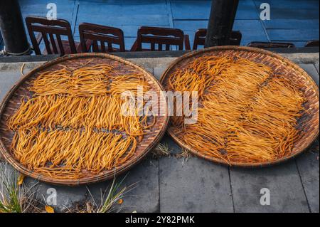 Getrocknete Fischstöcke werden in der Sonne auf einem Markt in Vietnam in Asien getrocknet Stockfoto