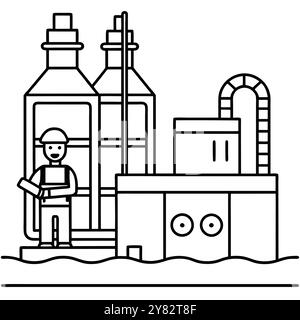 Einfache Strichgrafik-Illustration einer Bohrplattform mit einem Arbeiter, der darauf steht. Perfekt zur Veranschaulichung von Konzepten im Zusammenhang mit Öl und Gas. Energie. Oder Stock Vektor