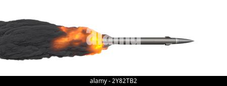 Die ballistische Rakete beschleunigt die Spur von Feuer und Rauch 3D isoliert Stockfoto