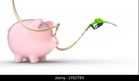 Goldene Gaspumpendüse mit Schweinebank, die hohe Kraftstoffpreise symbolisiert 3D Stockfoto