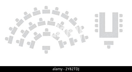 Sitzplan für Hochzeiten. Konferenz Bankett Seminarraum Inneneinrichtung, Konferenzsaal und Seminarraum Inneneinrichtung. Vektor-Draufsicht von Stock Vektor