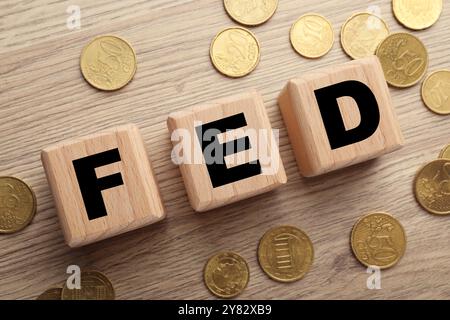 Würfel mit den Buchstaben Fed (Federal Reserve System) und Münzen auf Holztisch, flach gelegt Stockfoto