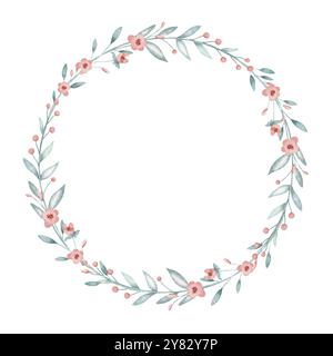 Blumenkranz mit pastellrosa Blumen und grünen blauen Blättern für Grußkarten oder Einladungen. Aquarellabbildung für Postkartenvorlage. Zeichnung eines kreisförmigen Rahmens auf isoliertem Hintergrund. Stockfoto