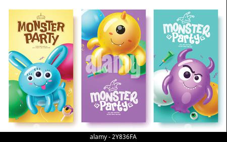 Monster Party Ballons Vektor Poster Set Design. geburtstagskarte mit Tierform Ballons, Oktopus und Monster aufblasbarem Element Stock Vektor