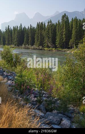 Bow River mit Bergen in rauchiger Atmosphäre bei Waldbränden, Canmore, Alberta, Kanadische Rocky Mountains Stockfoto