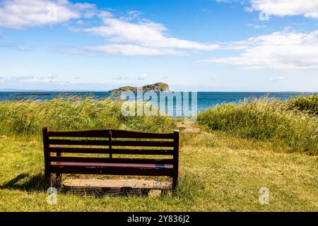 North Berwick, Schottland, Großbritannien, 29.2024: Eine ruhige Strandszene mit einer Bank an einem Sandstrand. Die Bank, aus Holz und bemalt in A Stockfoto