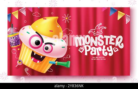 Monster Party Einladung Karte Vektor Design. Halloween Geburtstagsgrußtext mit Tasse Kuchen lächelnde Charakterelemente auf rotem Hintergrund. Vektor Stock Vektor