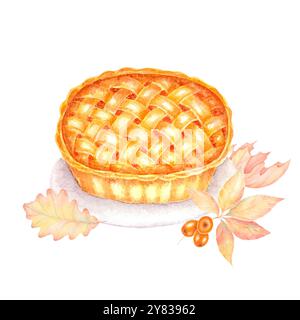 Herbstdesign mit Aquarell. Kürbis-Beerenkuchen in gelben Blättern. Gemütliche Herbstillustration Sanddorn Dessert, atmosphärisch aus dem Ofen Beere Stockfoto