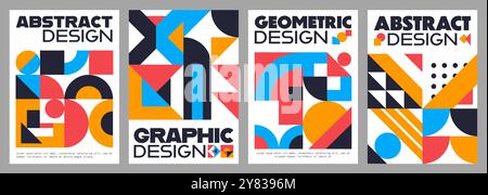 Abstrakte moderne geometrische Plakate mit minimalem künstlerischem Muster. Vektorfarben Formen und Formen mit Kreis-, Quadrat- und Dreiecksrastern. Trendige Vorlagen für geometrische Poster oder Broschüren Stock Vektor