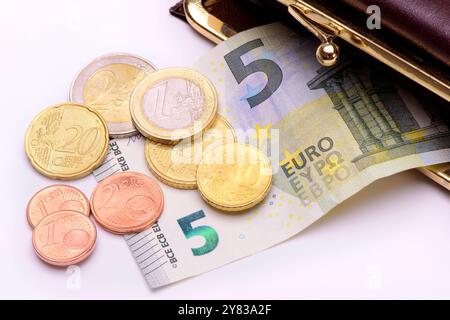 Bargeld mit Euroscheinen ein 5-Euroschein und Münzen liegen als Bargeld in einer Geldbörse *** Bargeld mit Euro-Scheinen Ein 5-Euro-Schein und Münzen sind in einem W Stockfoto