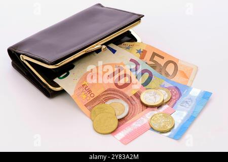 Bargeld mit Euroscheinen Euroscheine und Münzen liegen als Bargeld in einer Geldbörse *** Bargeld mit Euroscheine Euro-Scheine und Münzen werden als Bargeld gelagert Stockfoto