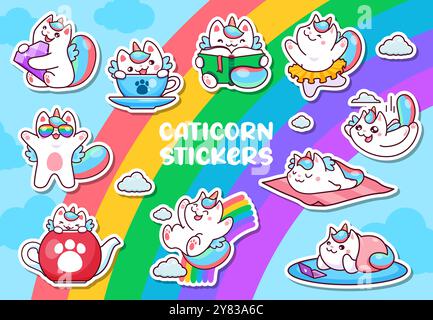 Niedliche Zeichentrickkatze oder Kätzchen Zeichen Aufkleber, Vektor lustig oder Katze Einhorn auf Regenbogen. Kinder Caticorn Prinzessin oder Ballerina Kätzchen mit Happy Lächeln im Gesicht für Kinder Emoji oder Emoticon Aufkleber Stock Vektor