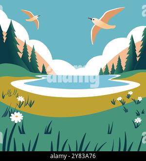 Malerischer See mit fliegenden Vögeln Stock Vektor