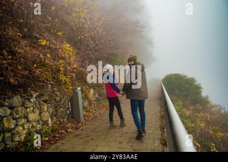 Ein Paar, das auf der nebeligen Straße durch Wälder läuft Stockfoto