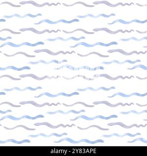 Horizontale Wellen blaue Linien in nahtlosem Aquarellmuster isoliert. Schlichte Textur im Cartoon-Stil für Kinder. Kurvige Linien blassblau Stockfoto