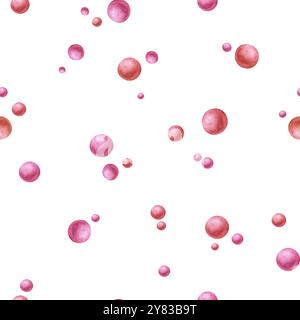 Rosafarbene Kugeln, Perlen. Nahtloses abstraktes Muster auf weißem Hintergrund, gemalt mit Aquarellen. Für Design, Textil, Stoff, Verpackung, Scrapbooking. Stockfoto