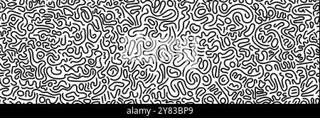 Abstraktes, lineares Doodle-nahtloses Muster. Schwarzer, auffälliger Marker umrahmt chaotischen endlosen Druck auf weißem Hintergrund. Moderne, trendige Formen im urbanen Stil. Einfarbige Diffusionslinien mit grafischem Design Stock Vektor