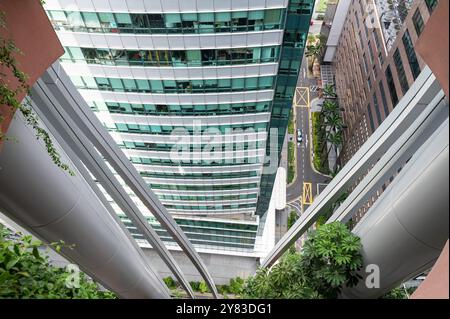 01.08.2023, Singapur, Republik Singapur, Asien - Blick von der Green Oasis Aussichtsplattform entlang der grünen Fassade des neuen CapitaSpring Wolkenkratzers. Stockfoto