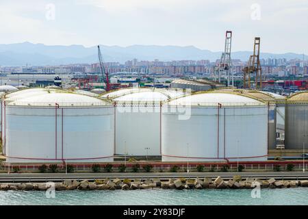 Viele große runde weiße Reservoirs für chemische Produkte im Hafenindustriebereich, Tanklager für chemische Produkte Stockfoto