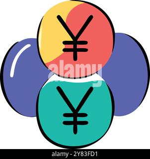 Eine farbenfrohe und verspielte Illustration des japanischen Yen-Symbols. Perfekt, um Finanzpräsentationen einen Hauch von Laune zu verleihen. Blogbeiträge. Oder soziale Netzwerke Stock Vektor