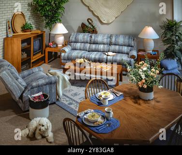 Gemütliches Vintage-Wohnzimmer und Essbereich mit blauen Polstermöbeln, Holztischen, Lampen, Pflanzen und klassischer Inneneinrichtung in warmen Farben. Stockfoto