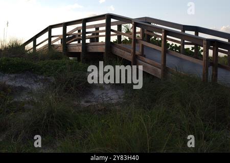 Wooden Beach Access Bridge am sonnigen Tag Blauer Himmel weiße Wolken in Richtung St. Pete Beach, FL in Richtung Golf von Mexiko. Blick auf Sand und Hafer. Stockfoto