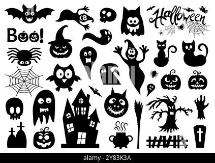 Set von Silhouetten von Halloween. Spukhaus, gruseliger Baum, fliegende Hexe, Kürbisse, Fledermaus, Kreuzstück usw. Stock Vektor