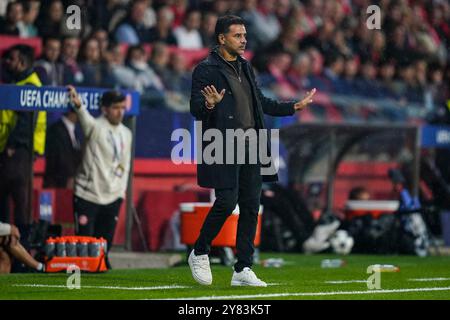 Girona, Spanien. Oktober 2024. Während des UEFA Champions League-Spiels spielte DATE 2, das zweite Leg, zwischen Girona FC und Feyenoord am 2. Oktober 2024 im Montilivi-Stadion in Girona Spanien. (Foto: Sergio Ruiz/Imago) Credit: PRESSINPHOTO SPORTS AGENCY/Alamy Live News Stockfoto