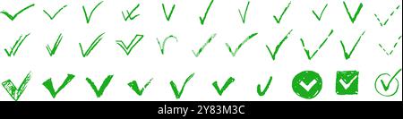 Set von Häkchenformen. Rote V-Kollektion handgezeichneter Schilder. Ja-Symbole für Abstimmung, Quiz oder Umfrage. Einfache Auswahlsymbole. Untergeordnetes Kritzelmarkierungselement prüfen Stock Vektor