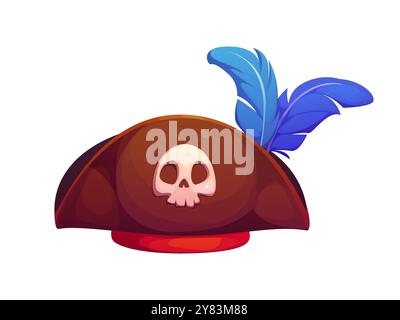 Tricorn-Tricorn-Mütze in Zeichentrickfilmen mit Totenkopfemblem und blauen Federn. Isolierter Vektor-Korsair, Kapitän, Seefahrer-Kopfschmuck mit Jolly roger. Buccaneer Cocked Cap für Abenteuer und Halloween Stock Vektor
