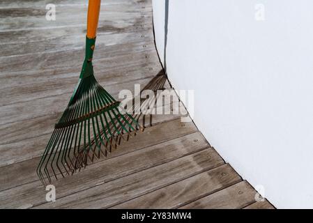 Blattrechen im Sonnenlicht: Ein Blick auf den Herbst Stockfoto