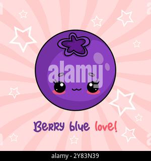 Süße Blaubeere. Lustige Kawaii-Beeren-Figur. Karte mit Schriftzug. Vektorabbildung Stock Vektor