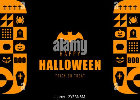 Halloween-Banner. Moderner geometrischer abstrakter Hintergrund des Neo. Horizontales Poster, Grußkarte, Kopfzeile für Website. Zusammensetzung einfacher Symbole in Stock Vektor