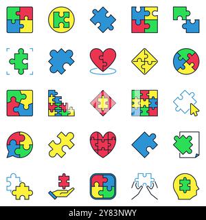 Puzzle Vektor farbige Symbole Set. Puzzles Piece Concept Symbole Sammlung Stock Vektor