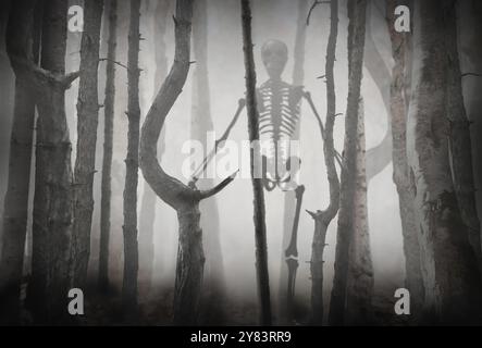 Gruseliges Skelett unter Bäumen im Nebelwald Stockfoto