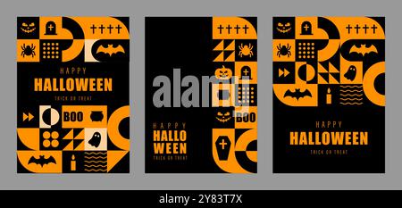 Happy Halloween Postkarten. Set mit 3 minimalen Vintage-Poster im geometrischen Design der 20er Jahre mit orangefarbenen Elementen primitiver Formen. Geometrisches Muster für Neugeborene Stock Vektor