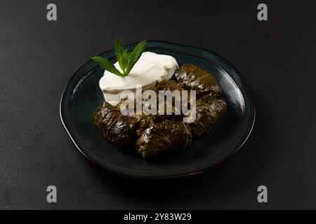 Griechische mediterrane Küche. Köstlicher, mit Dolma gefüllter Traubenblätter Reis, weiße Joghurtsauce. Stockfoto