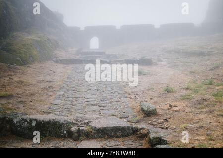 Die Ruinen des Drachenschlosses in Monsanto, Portugal, umgeben von dickem Nebel, schaffen eine mystische und eindringliche Atmosphäre. Stockfoto